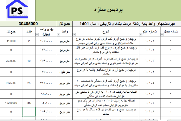 فهرست بها مرمت بناهای تاریخی